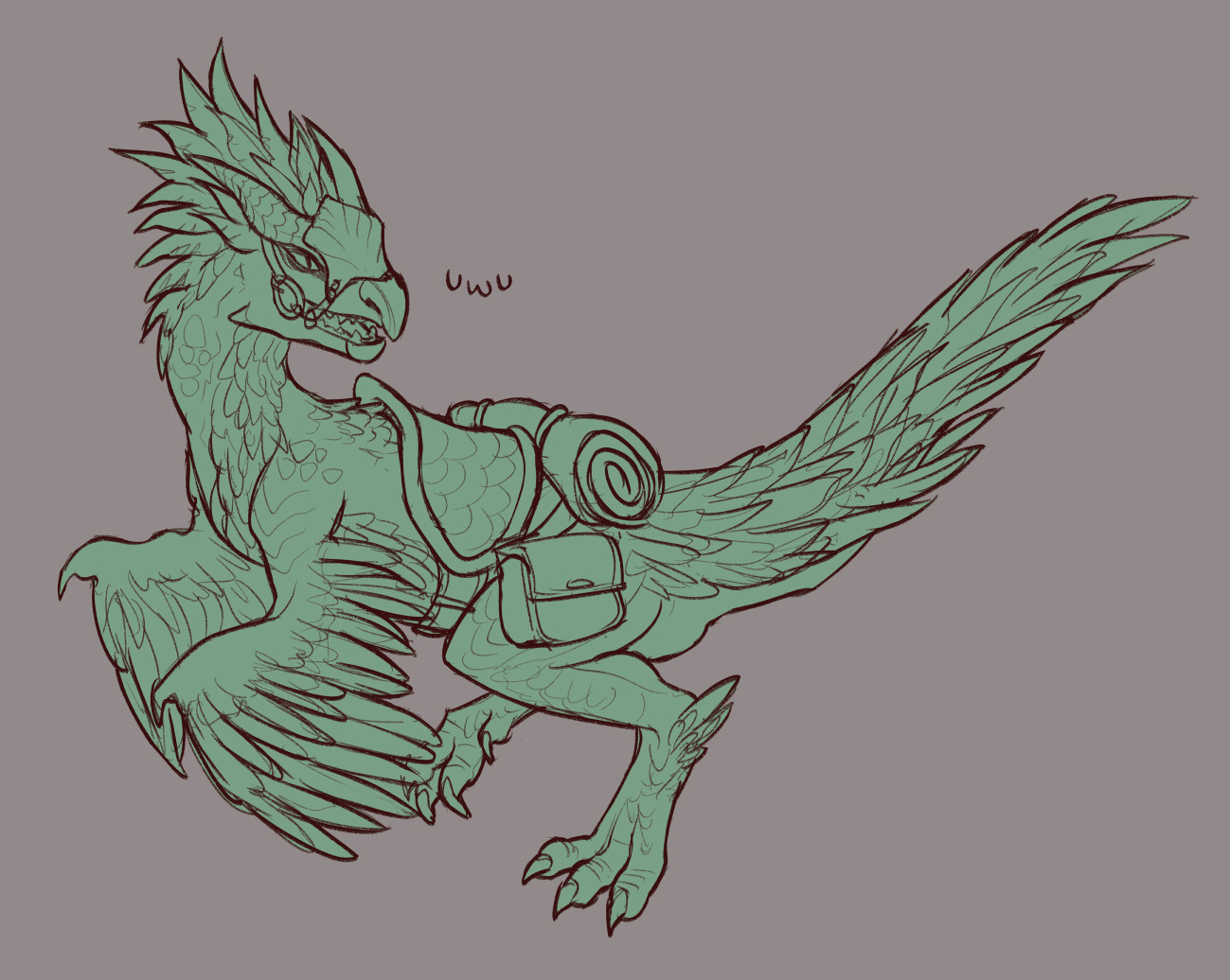 Sketch of a Seikret from Monster Hunter, a creature that resembles a velociraptor with two horns, long head feathers, feathered forelimbs, powerful back legs, and a long feathered tail. It is wearing a saddle and carrying gear.