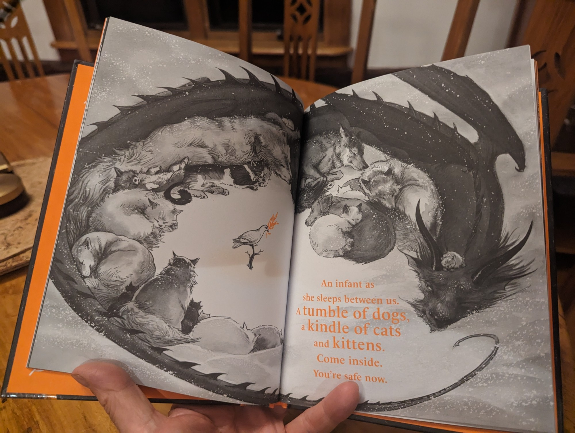 An illustration by Marie-Alice Harel showing pets and wildlife together, a dragon protecting them all. The text reads:
An infant as she sleeps between us
A tumble of dogs
A kindle of cats and kittens
Come inside. You're safe now. 