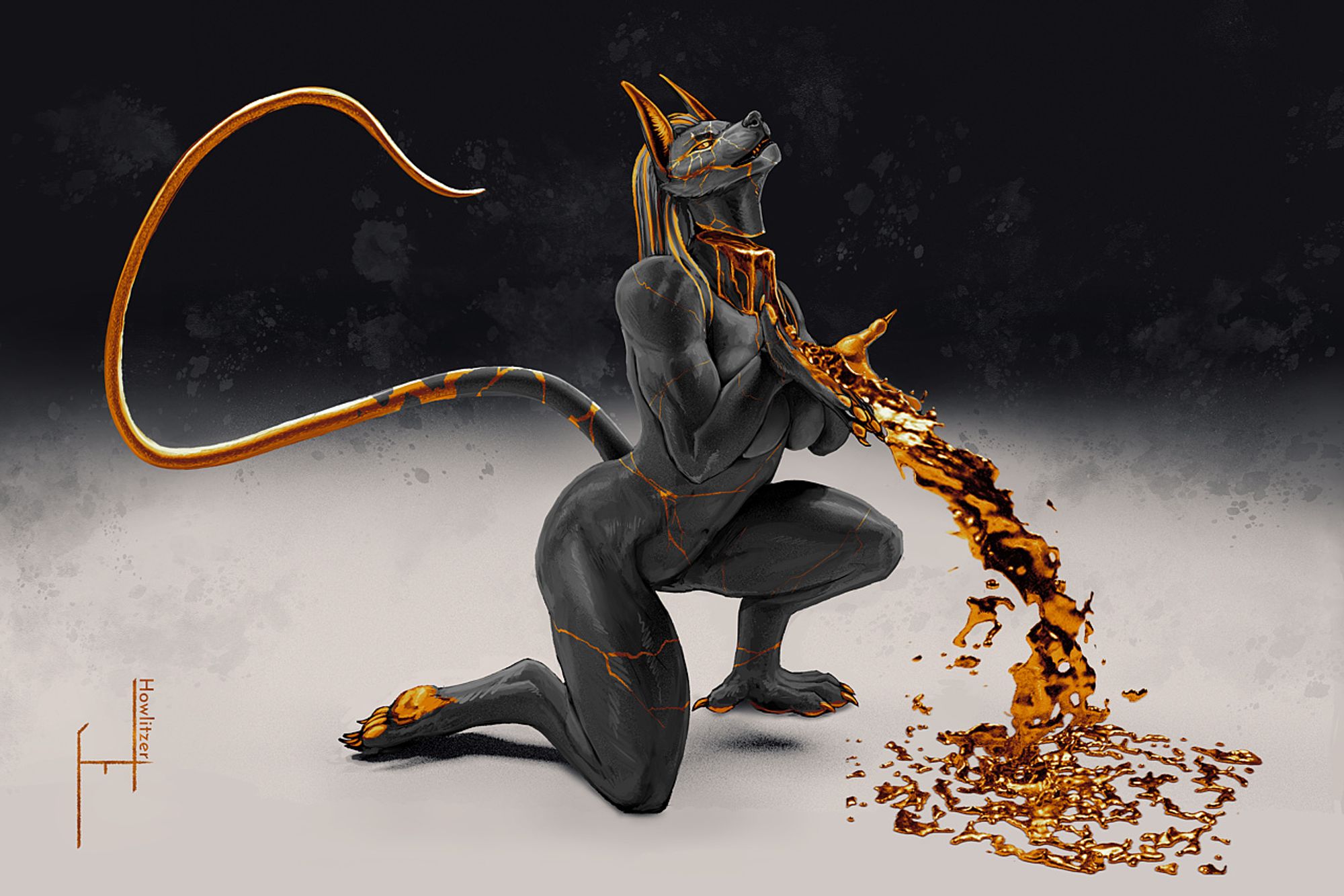 Anthro anubian jackal lady. She is down on one knee with her hands open in front of her chest. Her body is covered in gold cracks, like kintsugi pottery. A gold crack goes through her neck with her head floating above it. Liquid gold pours from her neck and across her hands, splattering on the floor in front. A long gold tail swishes behind her.