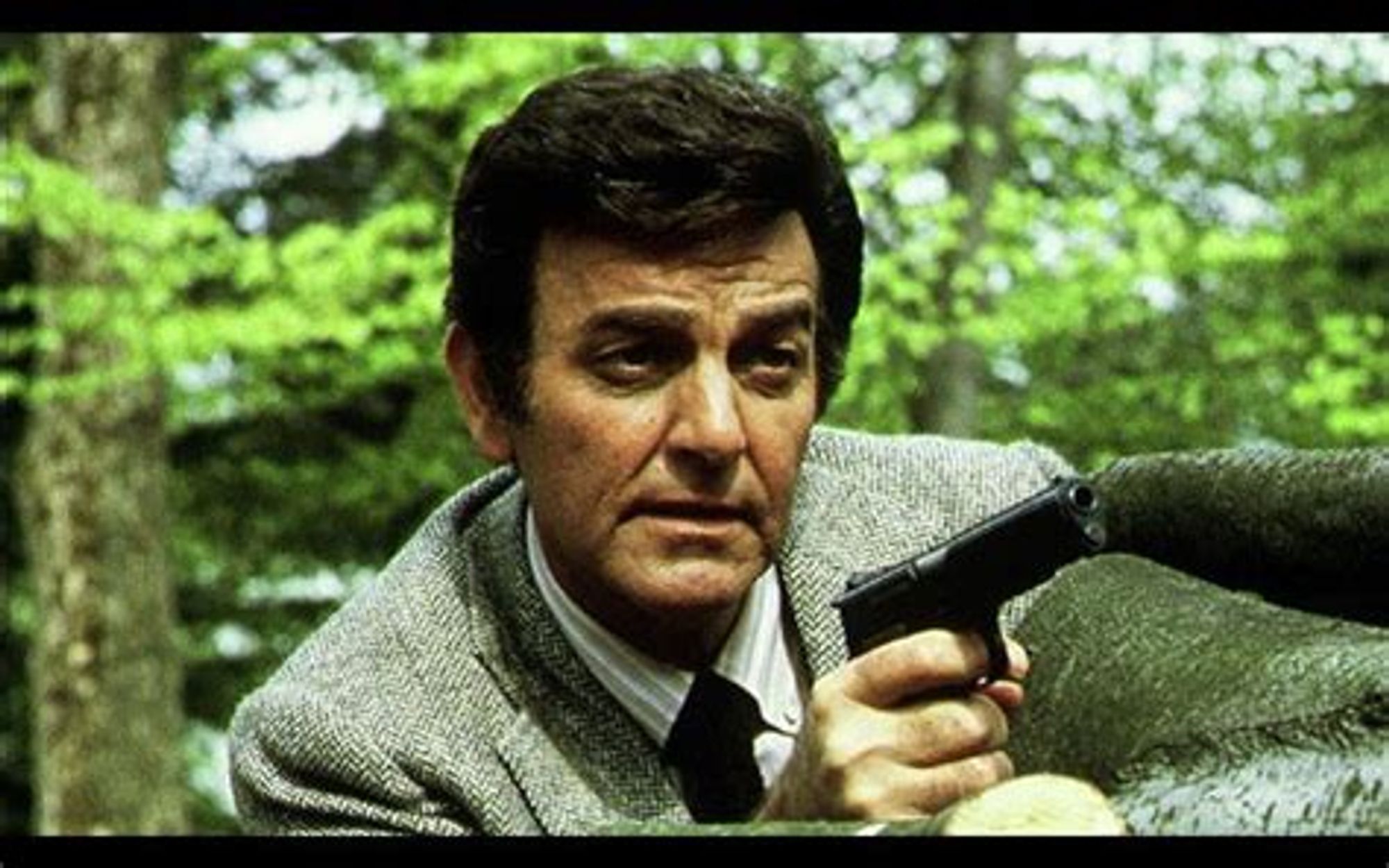 Mannix actor Mike Connors. Connors is wearing a suit and tie, is holding a handgun, and seems to be using a stack of chopped wood for cover. There are out-of-focus trees behind him.