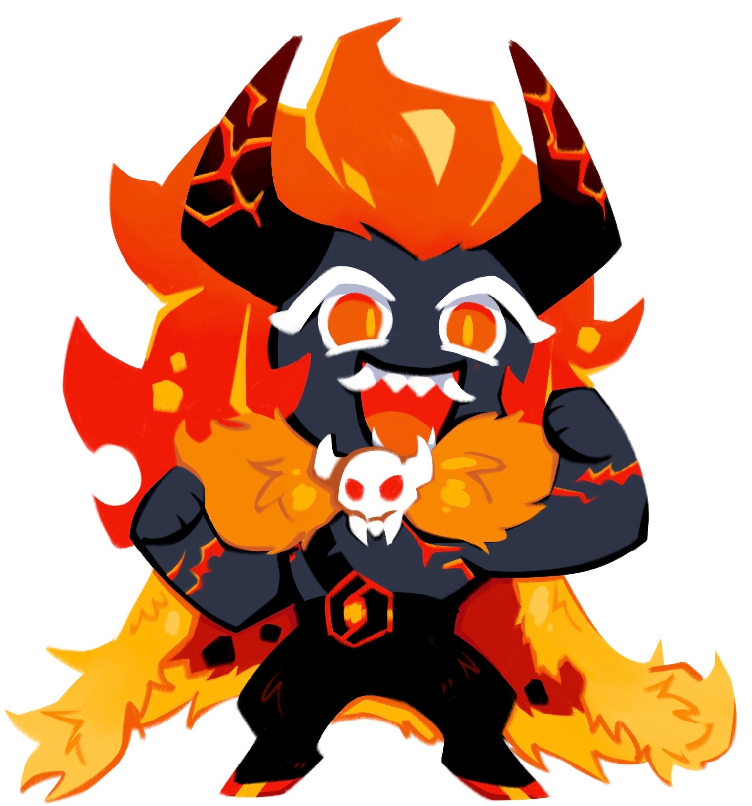 an edit of capsaicin cookie from cookie run kingdom. his legs have been changed to resemble manticore legs, and he has large fangs that stick out from his mouth. he has also gained scars around his arms where his cuffs once were, and top surgery scars. 