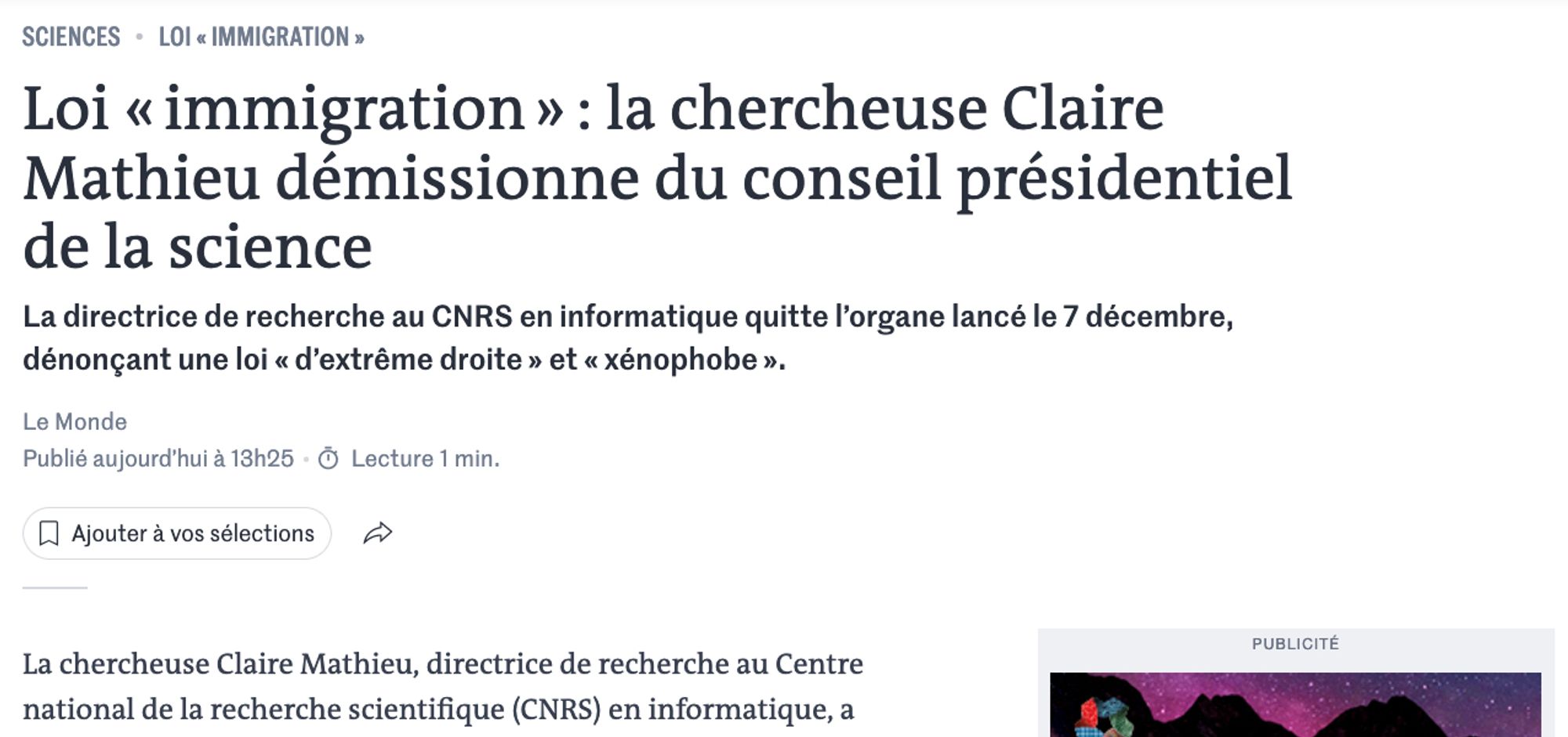 screenshot d'un article du Monde annonçant la démission de Claire Mathieu