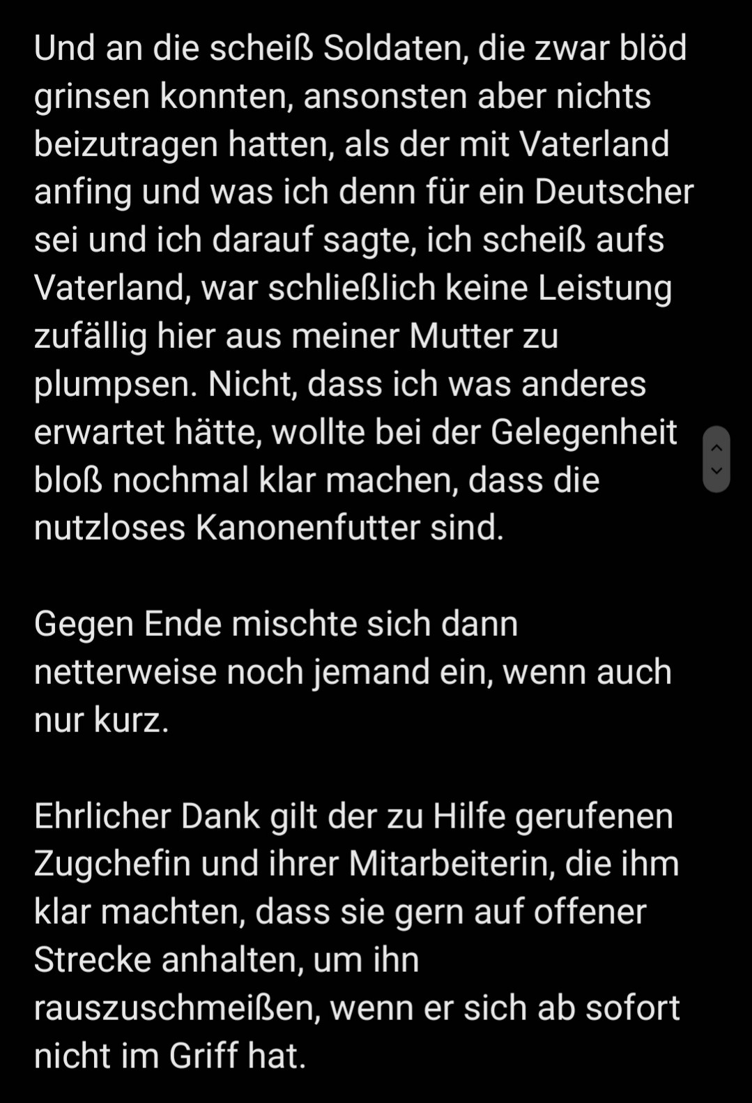 Und an die scheiß Soldaten, die zwar blöd grinsen konnten, ansonsten aber nichts beizutragen hatten, als der mit Vaterland anfing und was ich denn für ein Deutscher sei und ich darauf sagte, ich scheiß aufs Vaterland, war schließlich keine Leistung zufällig hier aus meiner Mutter zu plumpsen. Nicht, dass ich was anderes erwartet hätte, wollte bei der Gelegenheit bloß nochmal klar machen, dass die nutzloses Kanonenfutter sind.

Gegen Ende mischte sich dann netterweise noch jemand ein, wenn auch nur kurz. 

Ehrlicher Dank gilt der zu Hilfe gerufenen Zugchefin und ihrer Mitarbeiterin, die ihm klar machten, dass sie gern auf offener Strecke anhalten, um ihn rauszuschmeißen, wenn er sich ab sofort nicht im Griff hat.