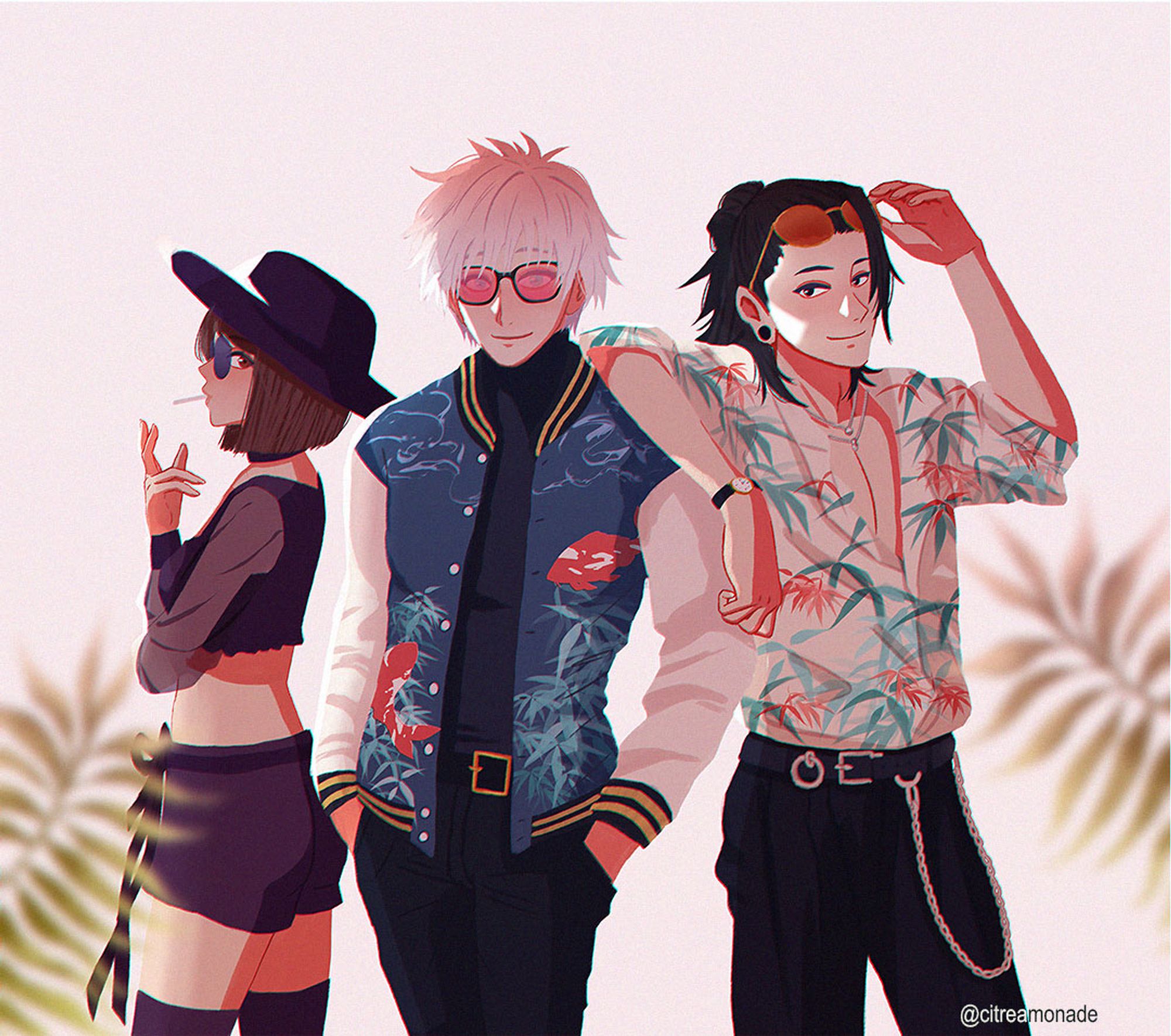 Fanart of Ieiri Shoko, Gojo Satoru and Geto Suguru from Jujutsu Kaisen. They're posing together, dressed in summer fashion and wearing colored sunglasses.