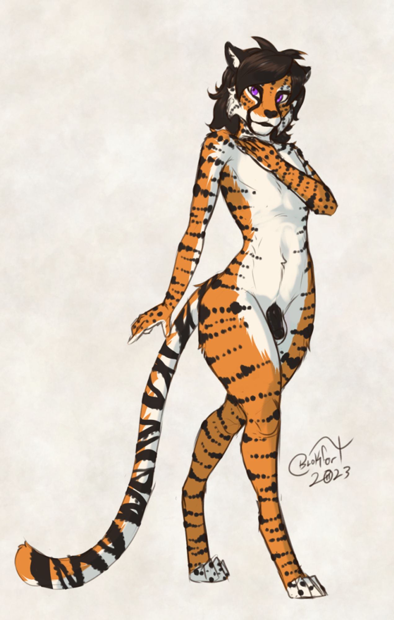 nsfw nude sketch of Zi'se, a cheetah-tiger hybrid anthro original character, 