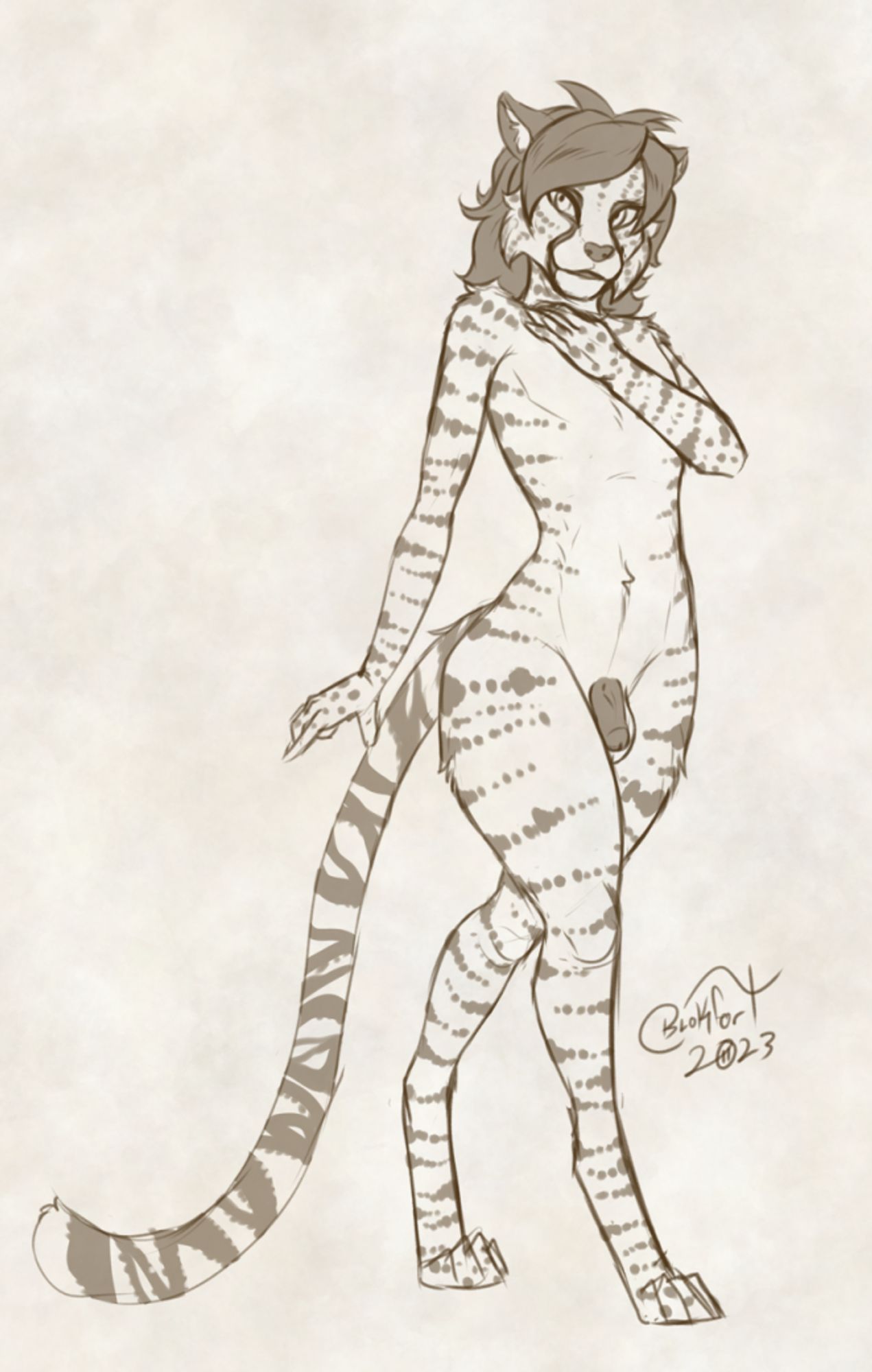 nsfw nude sketch of Zi'se, a cheetah-tiger hybrid anthro original character, 