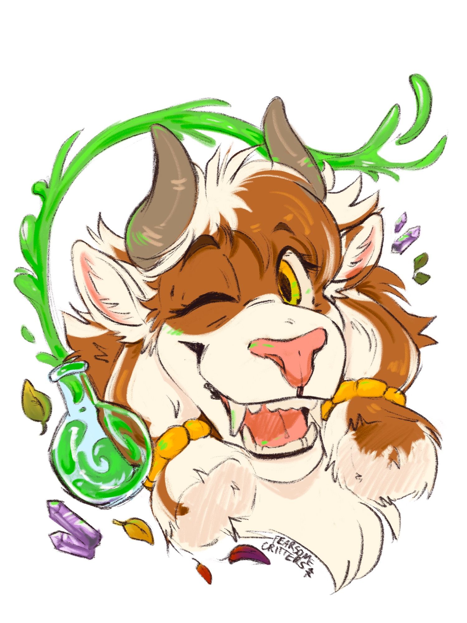 A bust of a lion cow hybrid smiling with a potion and crystals around her