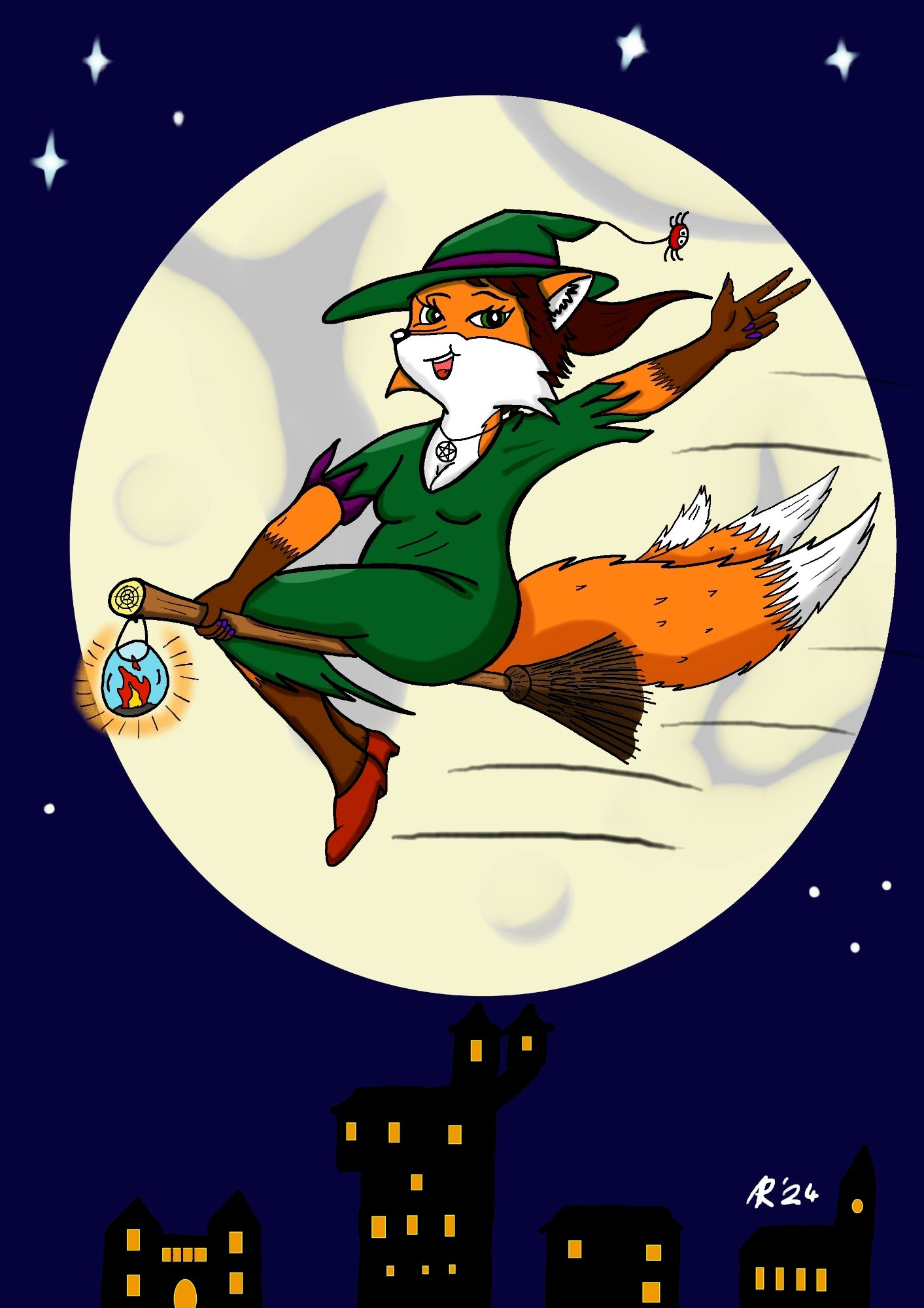 Witch flying on a broomstick, past the moon, smiling and waving at the viewer.