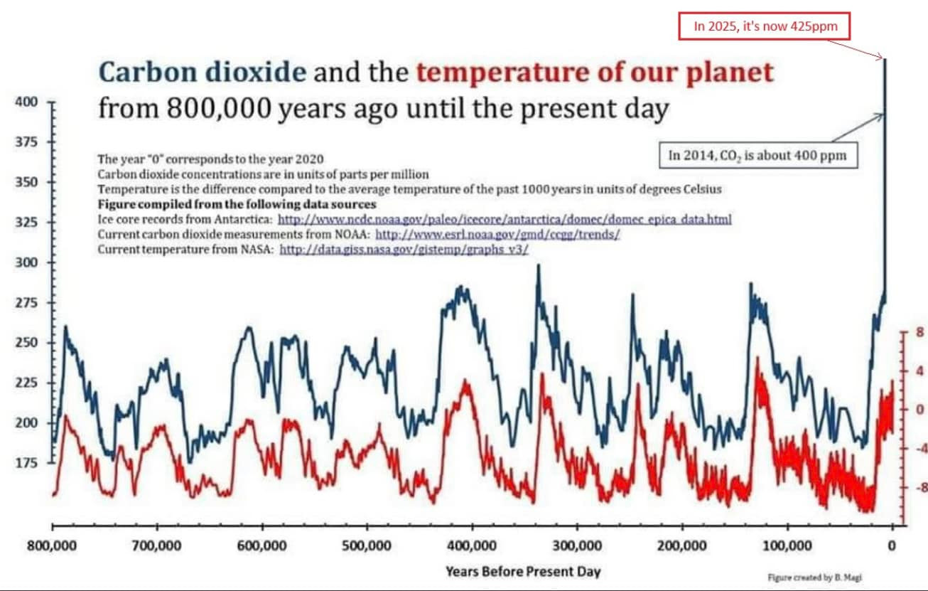 CO2 und die Temperatur unseres Planeten von vor 800.000 Jahren bis heute.Das Jahr in der Grafik „0“ entspricht dem Jahr 2020. Kohlendioxidkonzentration in der Einheit Parts per Million (ppm).Die eingezeichnete Temperatur ist die Differenz zur Durchschnittstemperatur der letzten 1000 Jahre in der Einheit Grad Celsius.Die Grafik wurde mithilfe folgender Datenquellen erstellt:- NOAA: Ice core records from Antarctica- NOAA: Current carbon dioxide measurements- NASA: Current temperature(die genauen URLs sind in der Grafik ersichtlich)