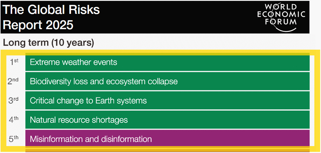 Global Risks Report 2025 - World Economic Forum  Top 5 risks of the next 10 years:  1. Extreme weather events 2. Biodiversity loss and ecosystem collapse 3. Critical change to Earth systems 4. Natural resource shortages 5. Misinformation and disinformation