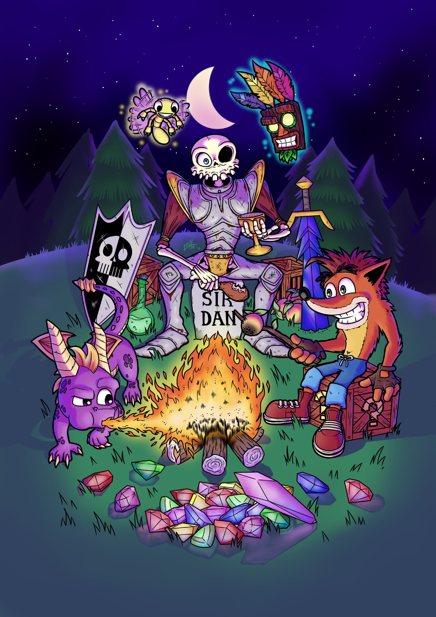 Sir Daniel Fortesque, from the MediEvil franchise, Crash Bandicoot from the franchise of the same name and Spyro from the Spyro The Dragon franchise, sitting around a bonfire.