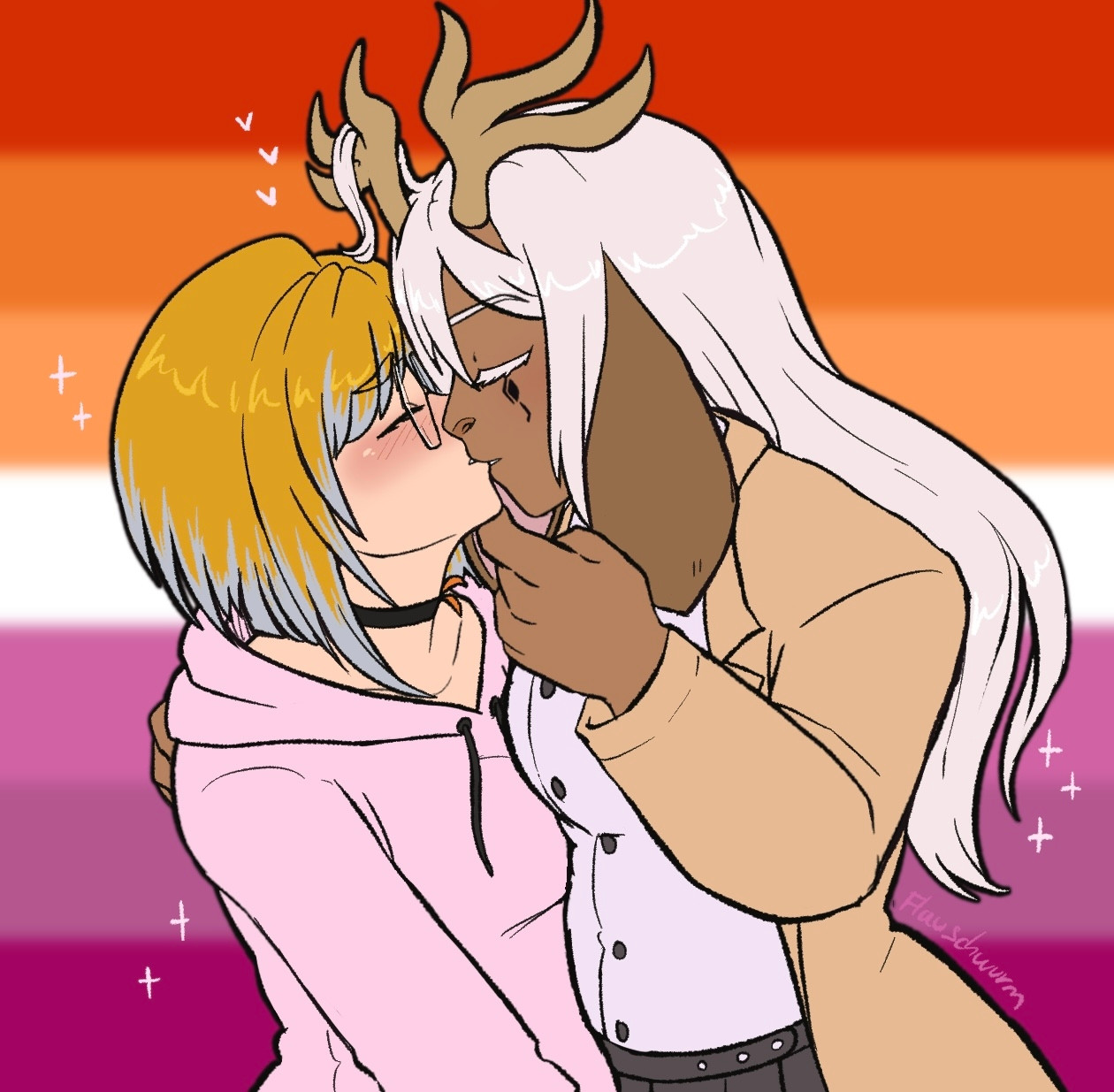 Girl with gold and silver hair, glasses, a choker and a pink hoodie kissing a girl with long white hair, bunny ears and deer antlers wearing a blouse and trenchcoat.
The background is a Lesbian flag. 