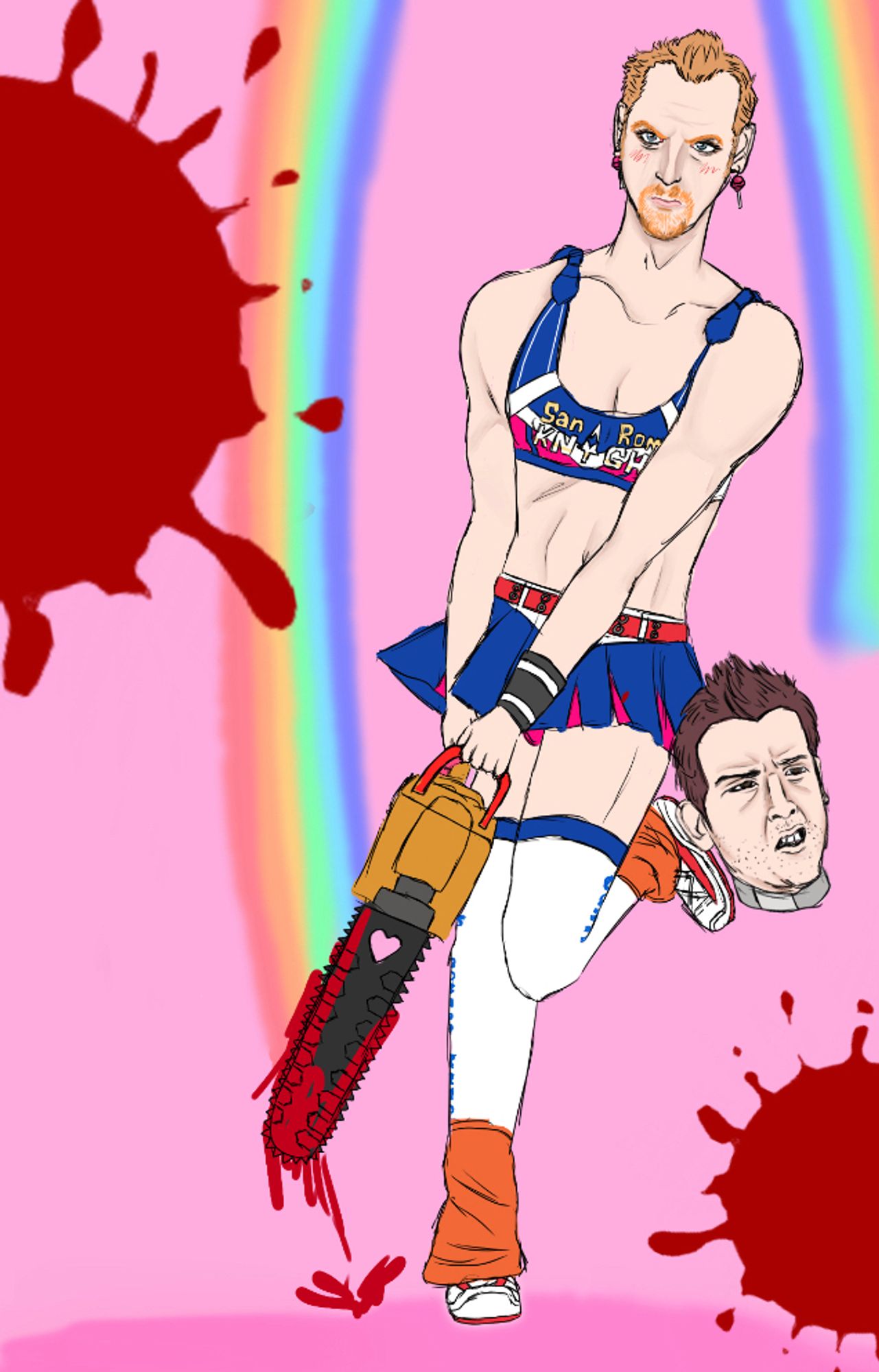 shaun from shaun of the dead (a 30 year old ginger white guy with a goatee and a receding hairline) dressed as juliette starling from lollipop chainsaw (wearing a revealing blue and magenta cheerleader uniform with a bralette, pleated miniskirt, white thigh highs, orange leg warmers, and white and red trainers) holding a bloody chainsaw. also ed (nick frost, a fat white guy with spiky brown hair) is decapitated and cringing at the fact that he's being worn like a belt accessory (referencing nick from lollipop chainsaw)