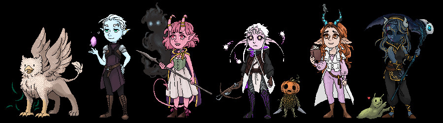 Pixel art of five peopl and three creatures. A baby griffon, a non-binary moon elf holding a floating purple gem, a pink femme tiefling with a spear and shadowy figure over shoulder, a femme astral elf with a crossbow and 3 floating motes of starlight, a pumpkin baby creature holding dull knives, a antelope like horned satyr looking femme in white robes and holding a book, a green slug creature with arms, and a masked femme with dark blue skin wielding a scythe.