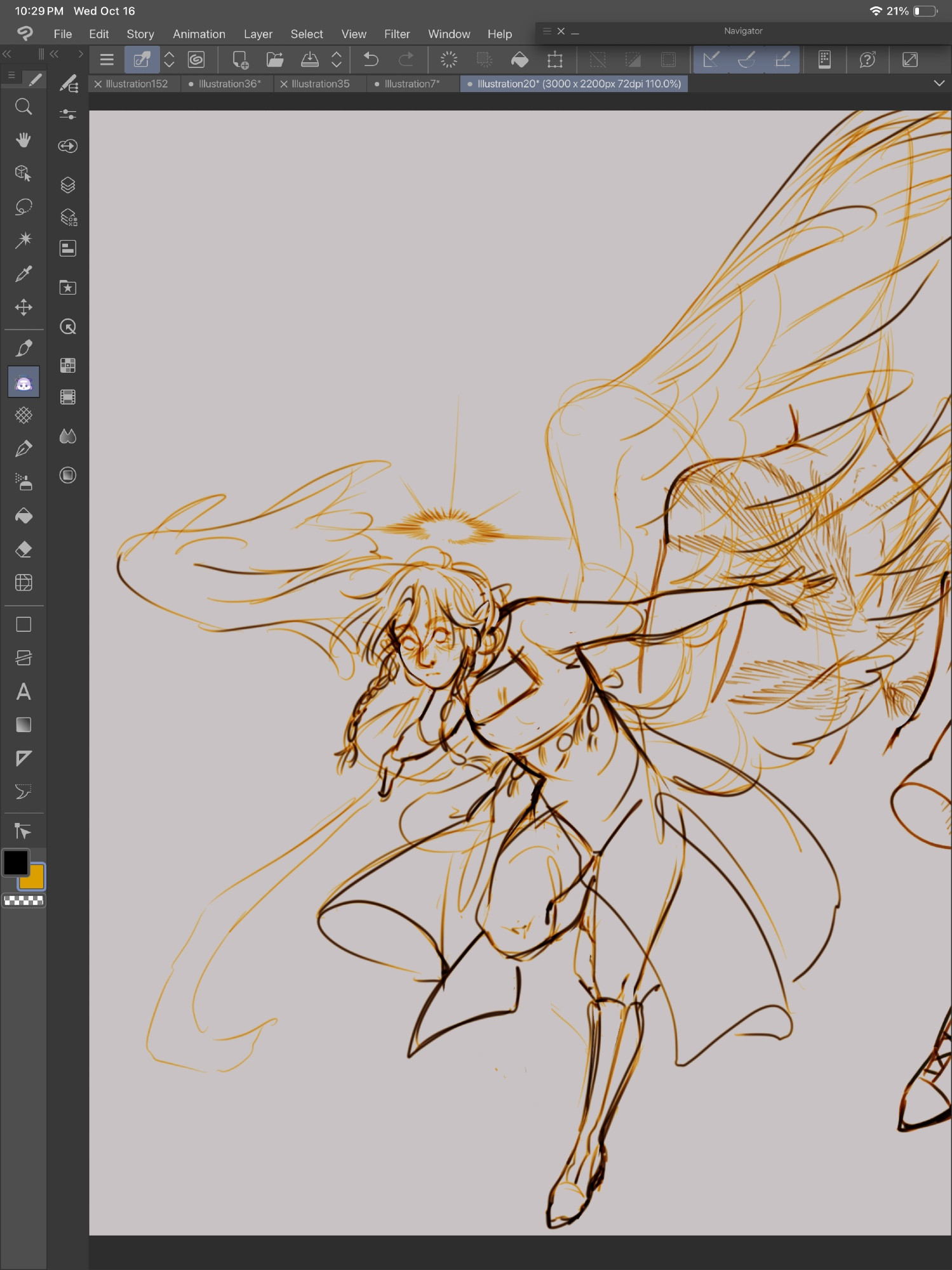 A sketch of an Aasimar in a celestial state, two sets of wings and a halo over head