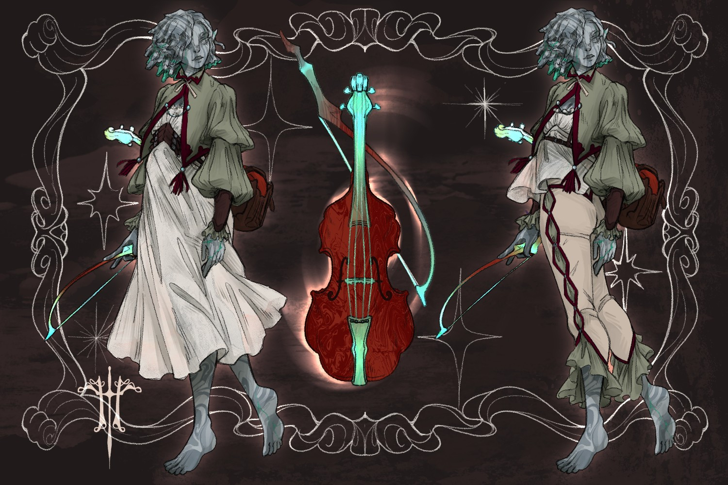 A warforged made to look like an unfinished marble statue, she is shown in two outfits with green as the main color accented by a soft cream or white, one a skirt the other pants. In the middle is a view of her instrument, a peculiarly colored and shaped violin and bow.