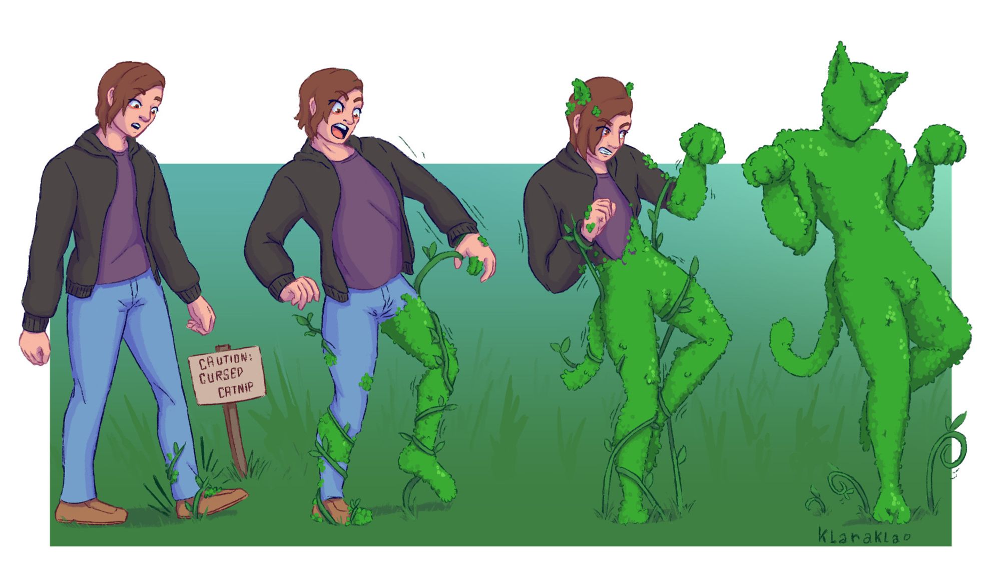 4 step sequence of a man turning into a catboy shaped topiary. In the first panel he's walking on grass beside a sign that says "Caution: cursed catnip", and there are vines grasping at one of his feet, around which leaves are sprouting. In the second and thrid panels the man struggles as the leaves and vines rise around his body, transforming him more into a bush, and in the last panel he's a full catboy shaped topiary,  faceless and stuck in a cutesy pose.