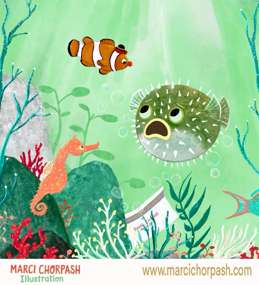 A grumpy clownfish with a tiny hat and red nose is swimming toward a scared pufferfish and seahorse, underthesea .