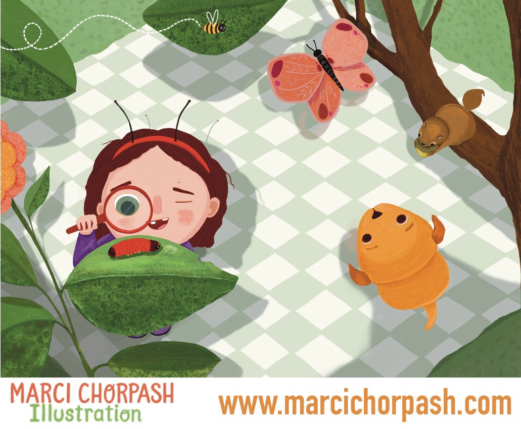 Little girl looking through magnifying glass at a big red caterpillar on a leaf. There is also a squirrel in a tree watching a sitting puppy who is looking at a butterfly.