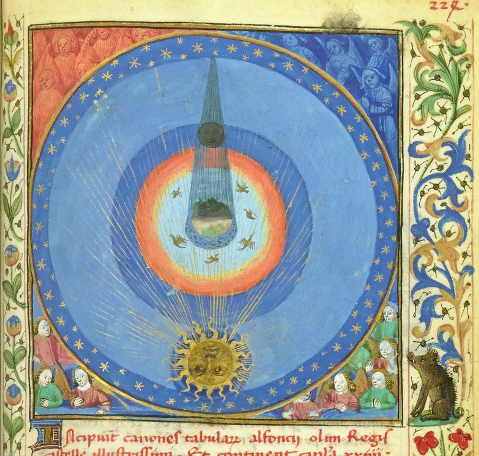 a medieval diagram of a lunar eclipse being observed by a hog in the margin