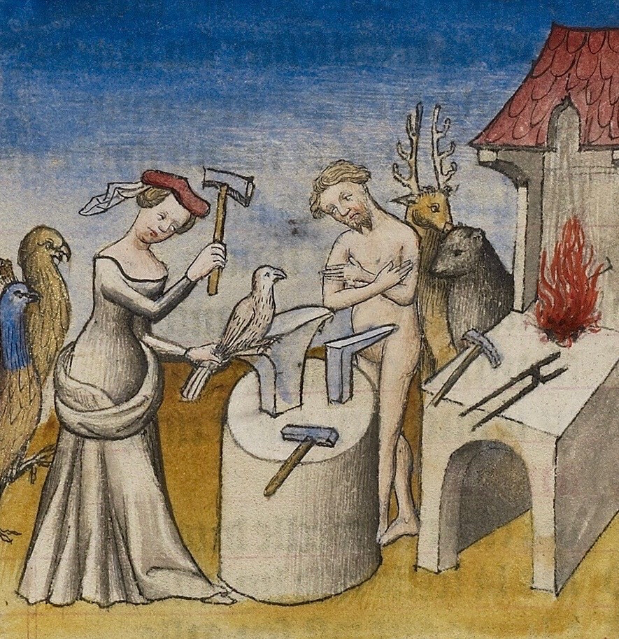 A medieval drawing of a woman holding a bird on an anvil hitting it with a hammer, while a group of animals watch