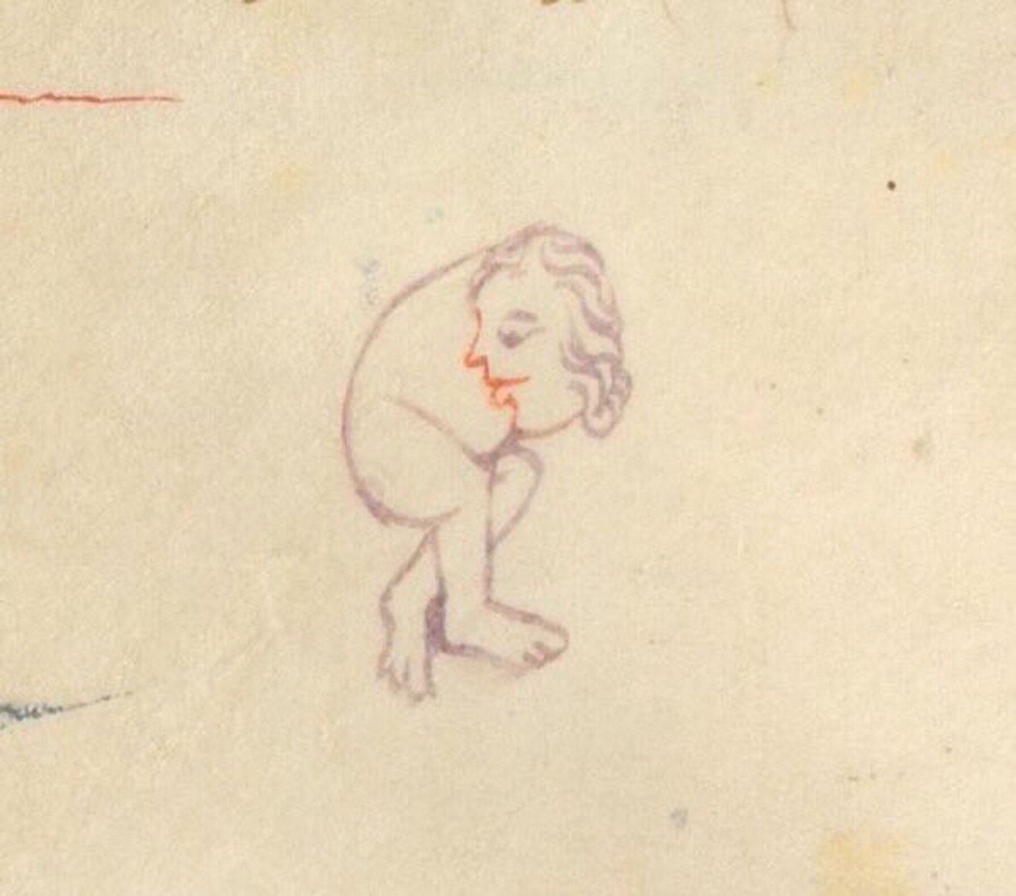 a medieval drawing of a naked guy with no arms staring at his own ass