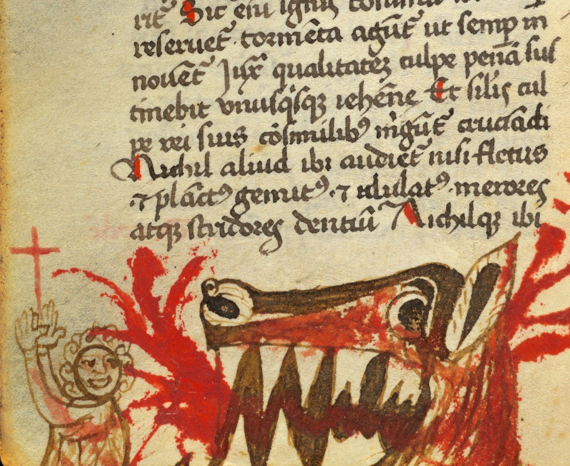 a crude medieval drawing in the margin of a manuscript, showing the head of a giant beast spitting flames at a grinning man who has a red cross between his hands