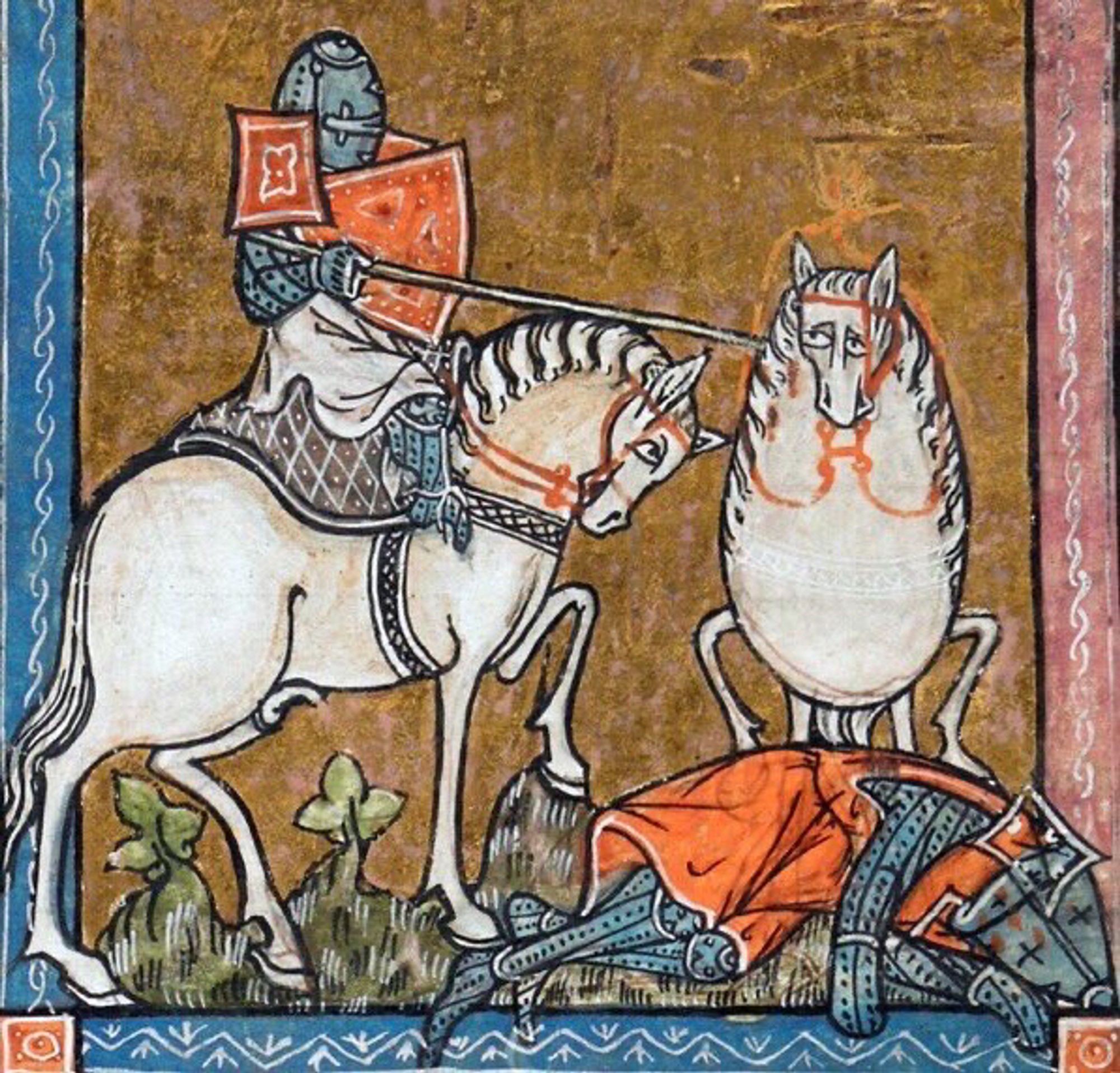 A medieval drawing of a knight on a horse who has just unseated another knight from his horse. The fallen knight lays on the ground while the fallen knight’s steed, which is drawn from the from and much resembles an egg, looks on in disbelief