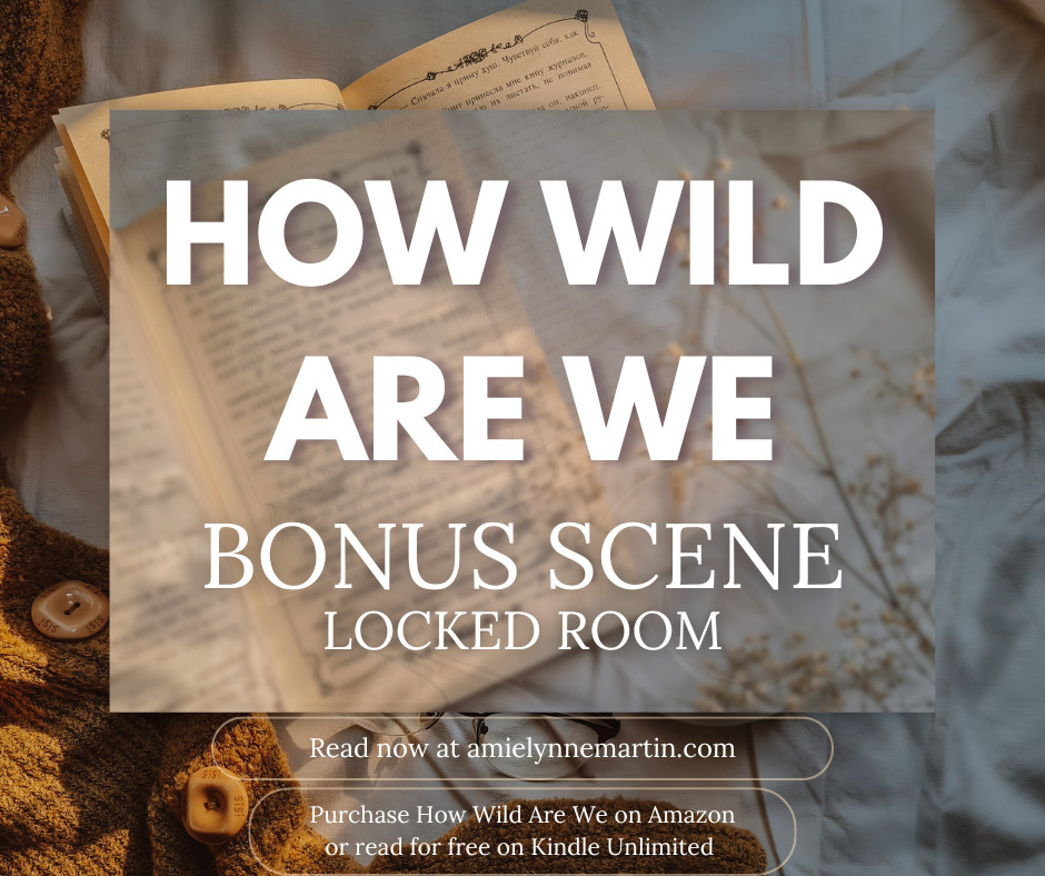 Text is layered over a book and sweater in neutral colors. Text reads: "How Wild Are We Bonus Scene, Locked Room. Read now at amielynnemartin.com. Purchase How Wild Are We on Amazon or Read for free on Kindle Unlimited."