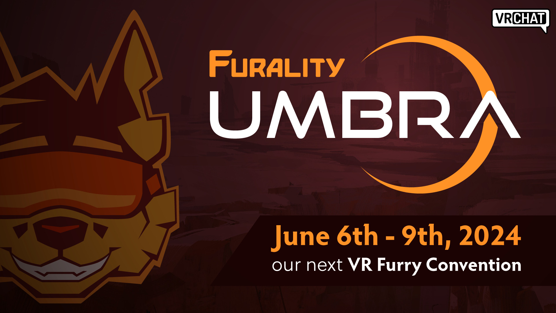 Furality theme announcement graphic shows the new Furality Umbra logo and name, accompanied by the convention dates, June 6th - 9th, 2024.