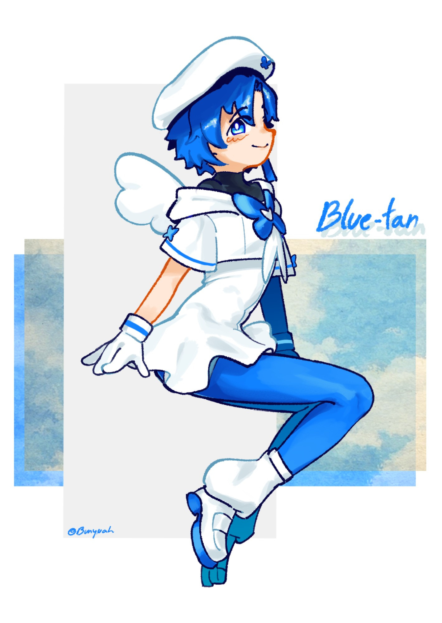 fanart of blue-tan, a character designed to be some sort of anime version of blue-sky, she's super cute and has a very retro feeling.
I added the alt text please let my family go.