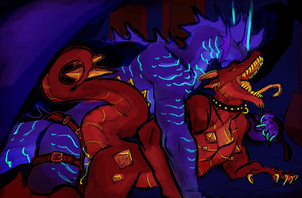 A digital painting of 2 transmasc dragons, one blue and one red, having sex on a bed. The blue one is fucking the red one from behind with a strap on and pulling on his leash