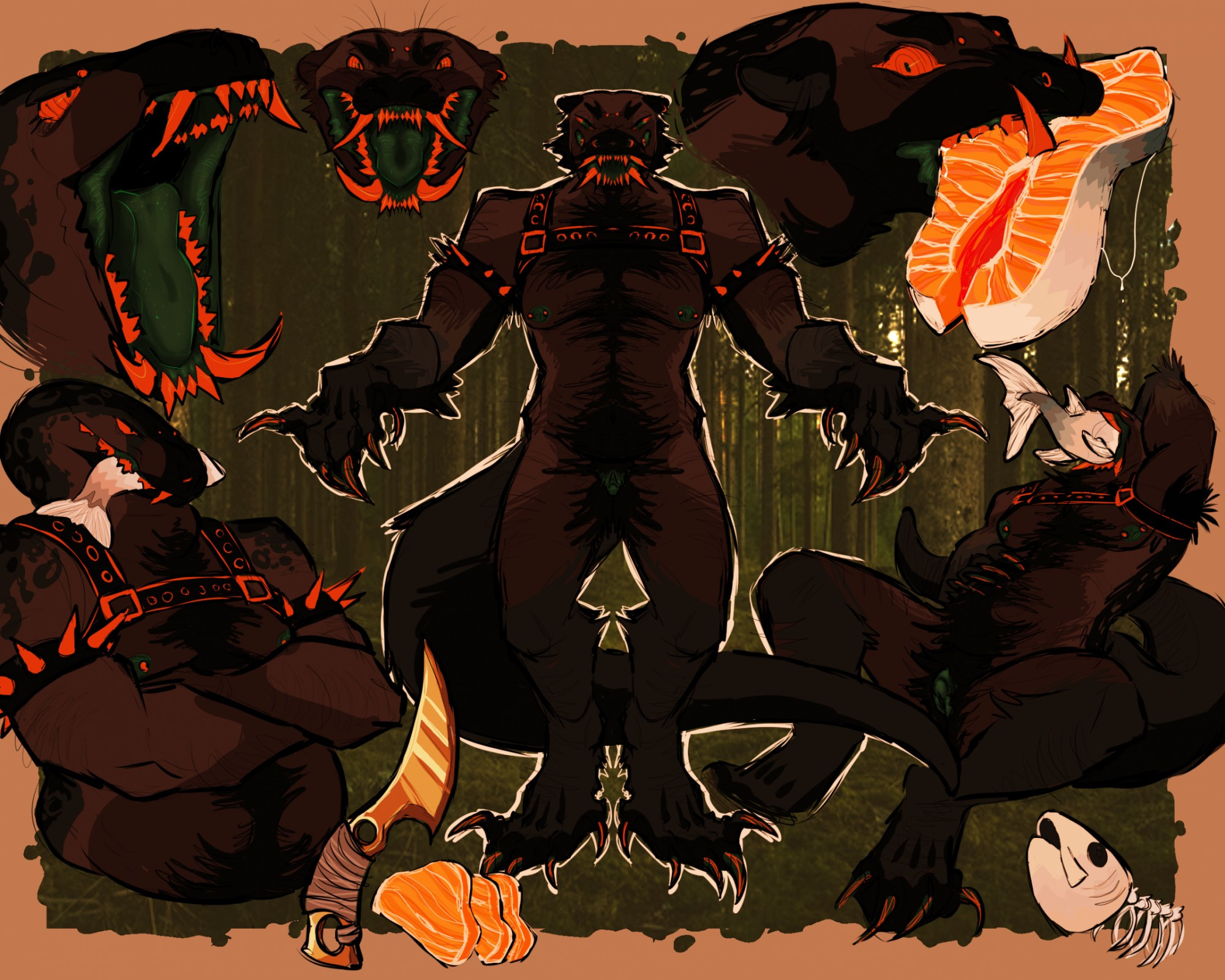 A reference sheet of my transmasc otter/leopard seal sona, dark brown with reverse countershading and lots of body hair. He is nude with bright red teeth and greenish flesh, wearing a leather harness and eating copious amounts of fish