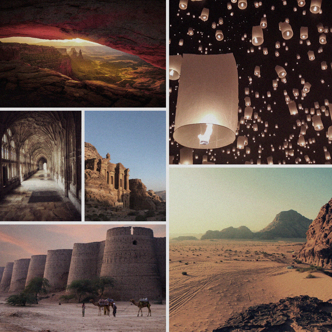 Collage of images displaying different images of deserts, heat, and ancient buildings.