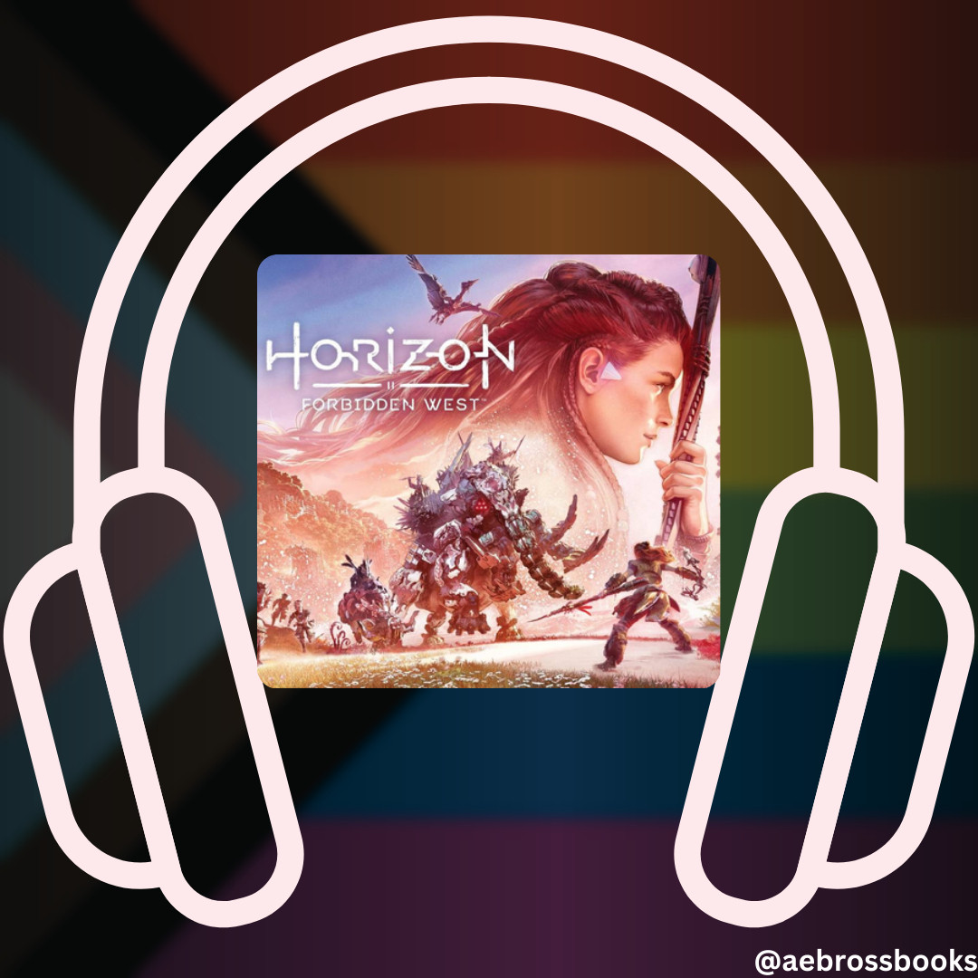 A muted pride progress flag is the background. An image of the artwork from the video game Horizon Forbidden West, featuring a red-haired woman with a spear facing off against a machine dinosaur, is encircled by a pair of headphones.