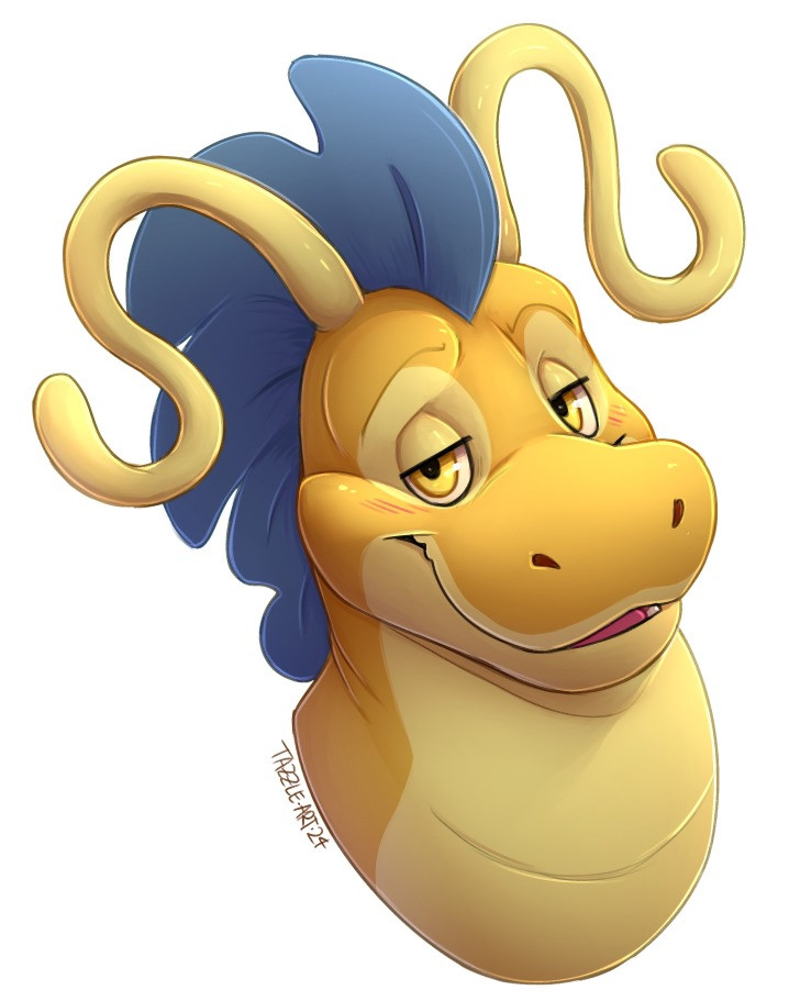 A dragonite Pokémon with a blue fin looking at you with a rather charming smile and a slight blush.