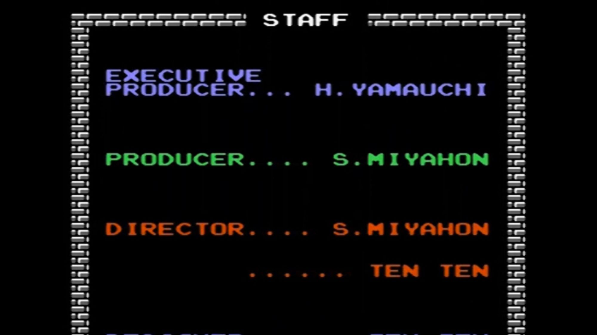 A screenshot of the credits from the original Zelda game. The producer and director are given as ‘S. Miyahon’