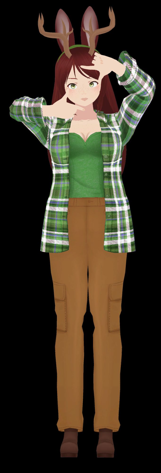 A nonbinary person with antlers and rabbit ears. They have very long reddish brown hair, green eyes, and tons of freckles. Their outfit consists of a green hairband, a green and white plaid unbuttoned lovg sleeve button up shirt, dark green top showing some chest cleavage, brown heavy duty pants, and brown work boots. They are making a pose with their hands like they are taking a photo and framing it.