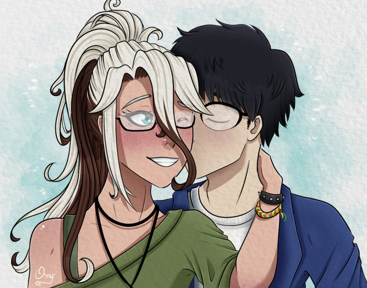 Tenshiro (Minikyu's OC) kissing the cheek of Emily (my OC)