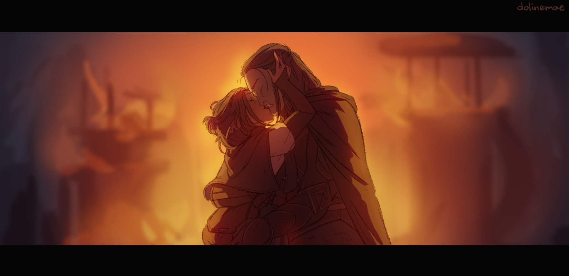 Half-elf Beatrice making out with half-orc Dorn while elven city of Suldanesselar is burning.