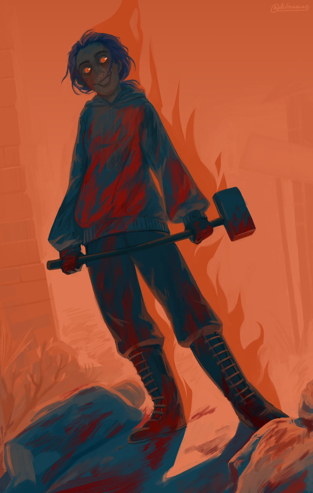 Sin-eater Brook looking upon dead bodies while being posessed by her Geist, David. She's holding a hammer and her hoodie and jeans are covered in blood. Her eyes are burning orange.