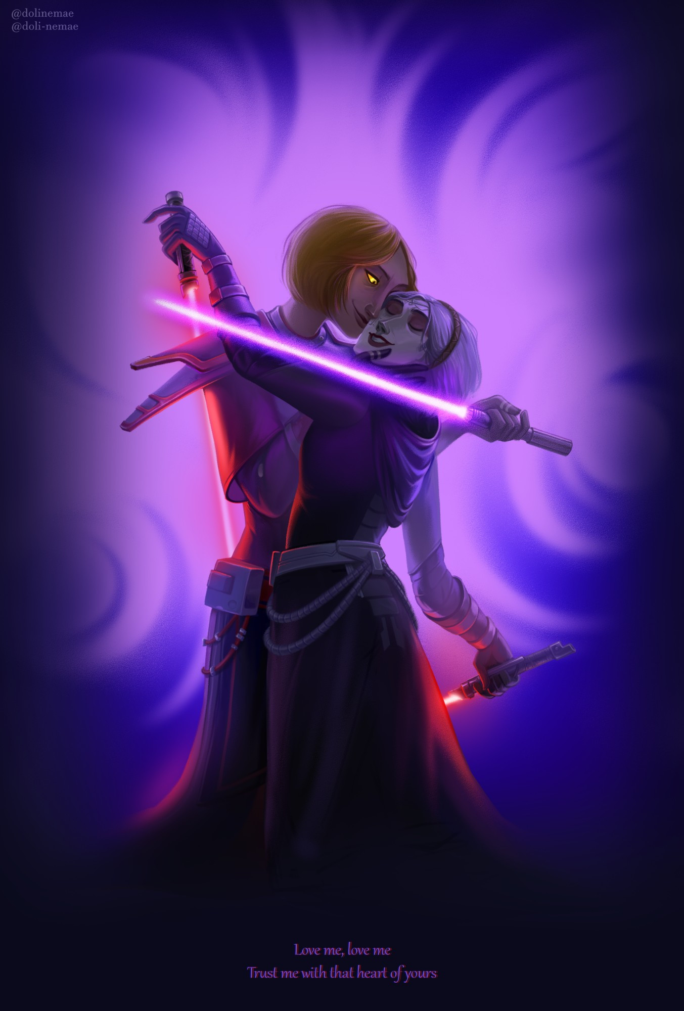 Text: "Love me, love me. Trust me with that heart of yours"

Two sith being very close to kiss and stab each other