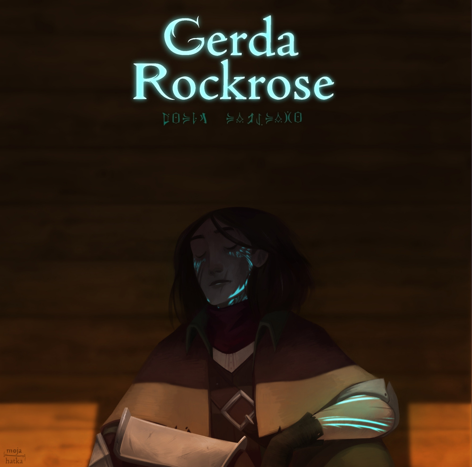 Gerda Rockrose, my main character, sleeping a bit in the dark. She's dressed in traveling coat, armour showing out underneath it. Magic tattoos on her arm and her face are glowing