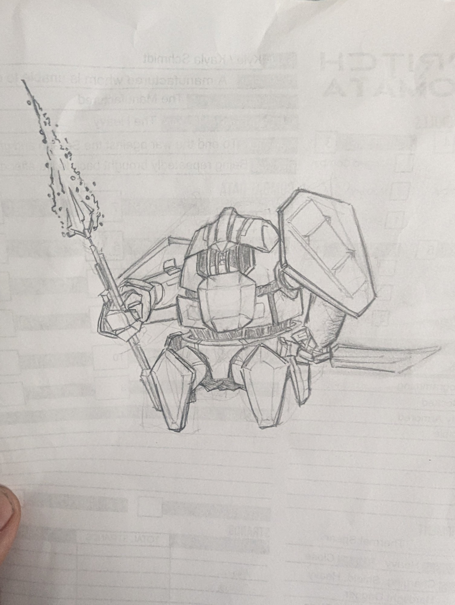 A squat mech with a burning spear and a knife.