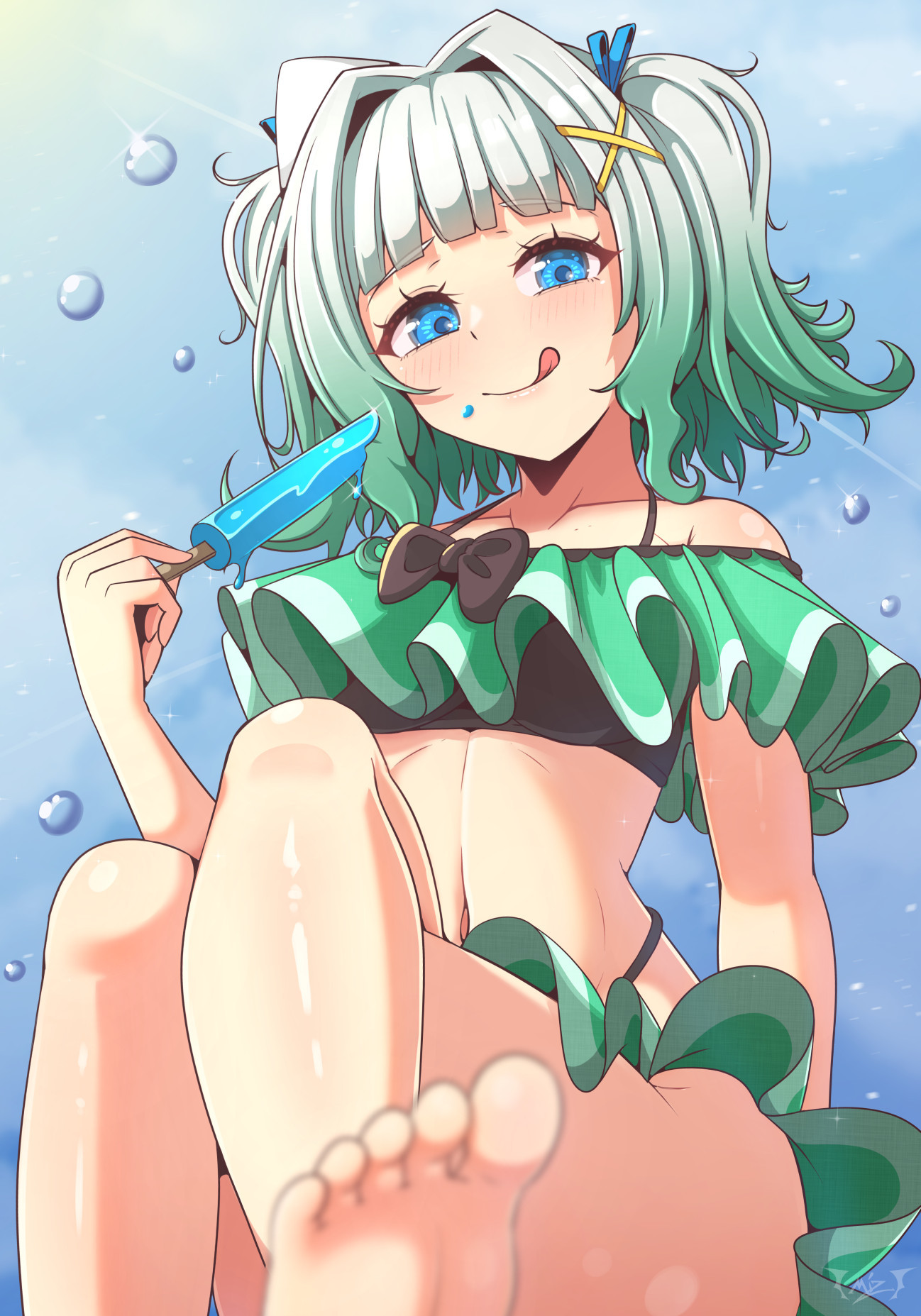 Mint Fantome, a ghostly maid Vtuber, is eating an ice pop on a hot summer day