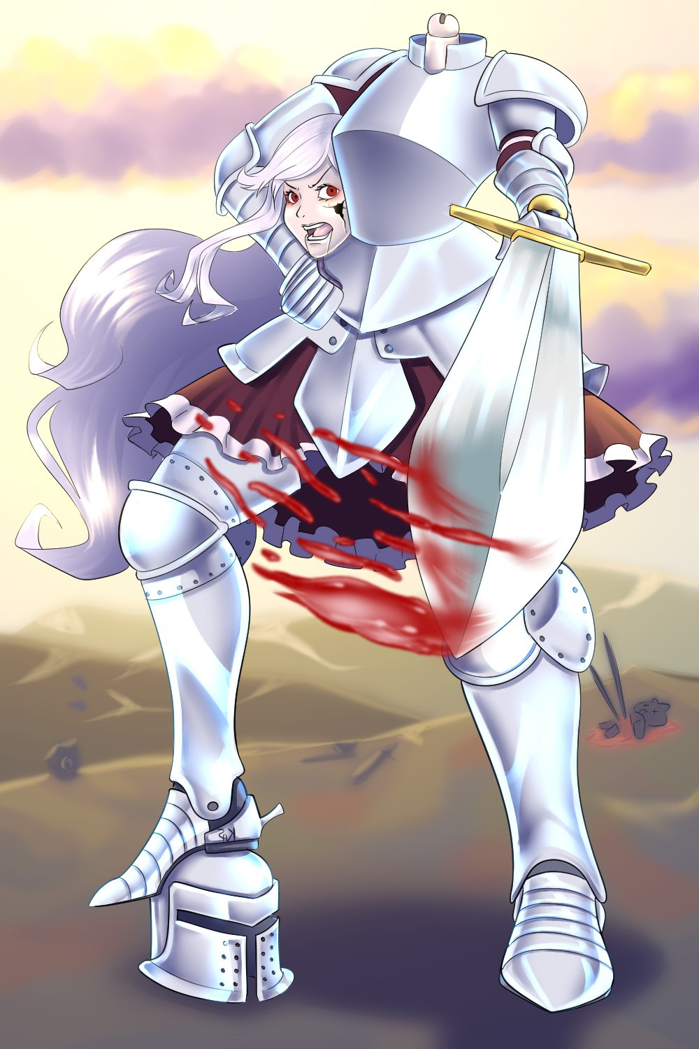 PorcelainMaid wearing full plate armor holding his detached head under his arm, stepping on his helmet and slashing forward with a sword.