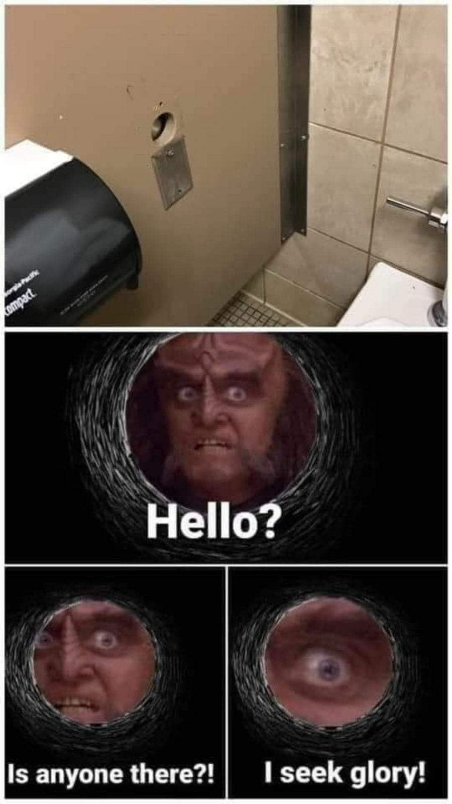 Martok looking through a Gloryhole in a bathroom stall, with the captions:
‘Hello? Is Anyone There?! I seek Glory!’