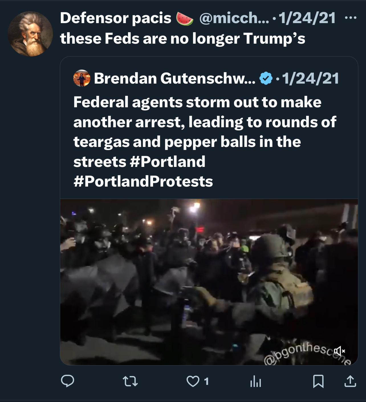 Brendan Gutenschw... 5 • 1/24/21
Federal agents storm out to make another arrest, leading to rounds of teargas and pepper balls in the streets #Portland