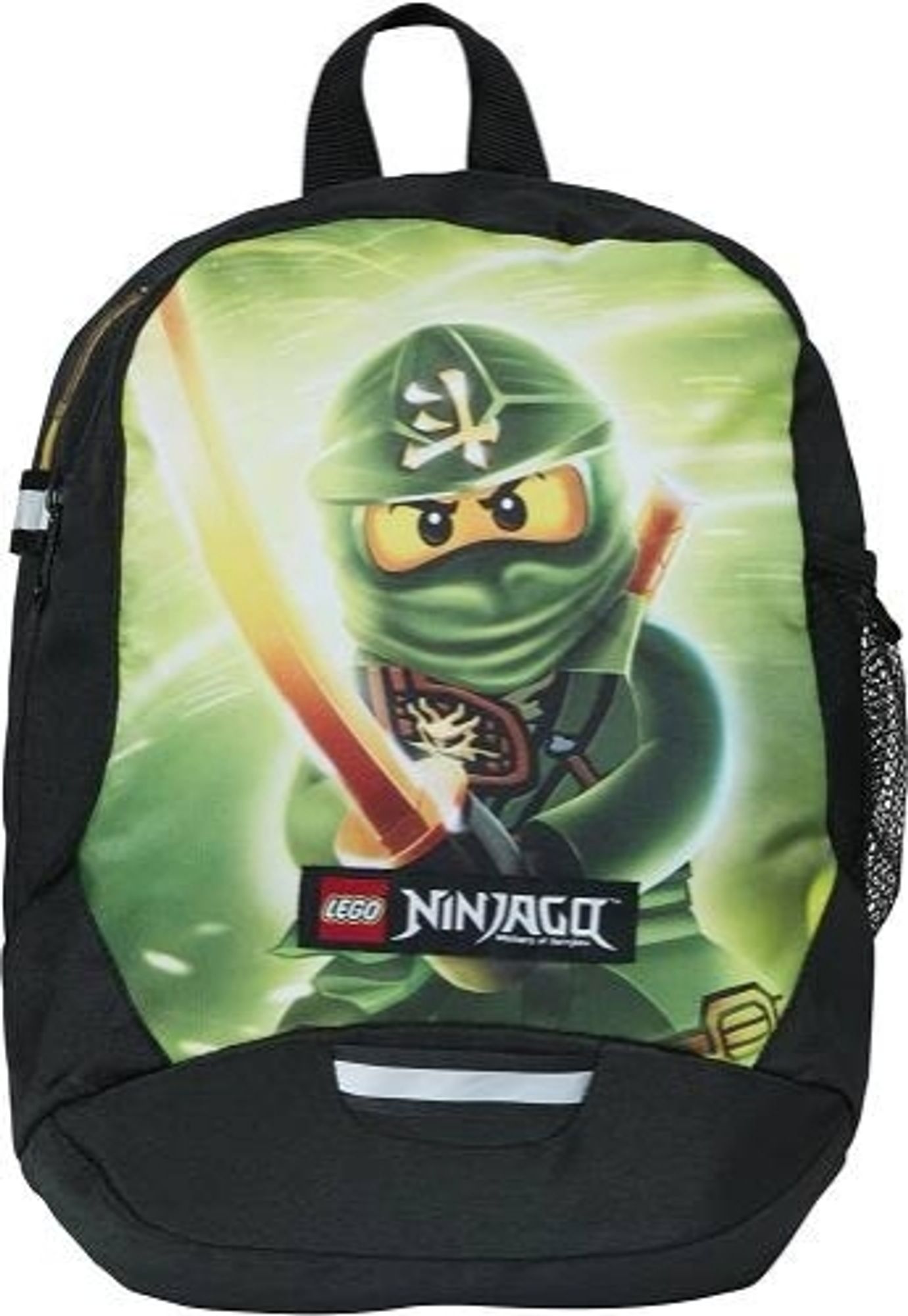 Ninjago-Rucksack in schwarz mir einem grünen Lego-Ninja als Motiv.