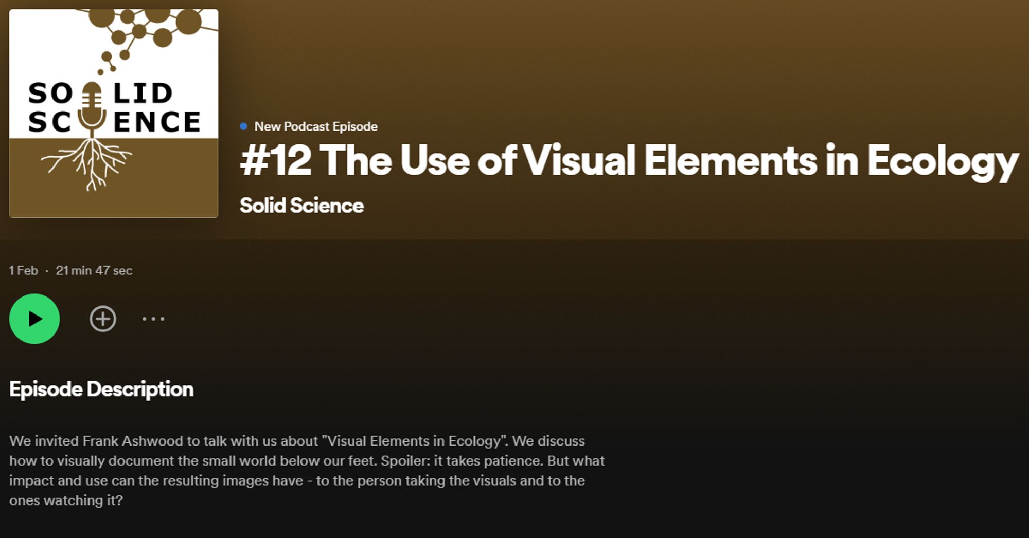 A screenshot of an episode page for the podcast 'Solid Science', detailing an episode focussed on the use of visual elements in ecology.